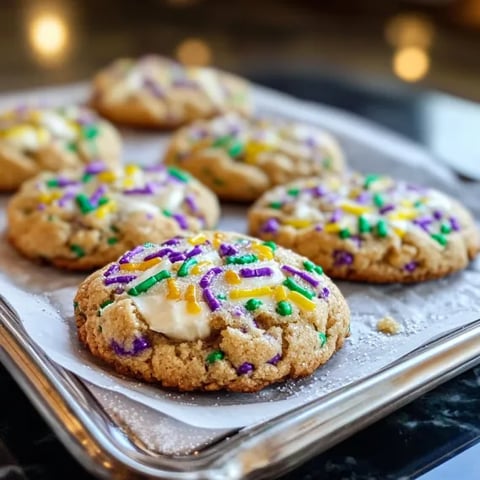 A tray of cookies with purple and yellow sprinkles.