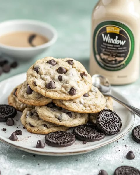 A plate of cookies with a bottle of window sauce.