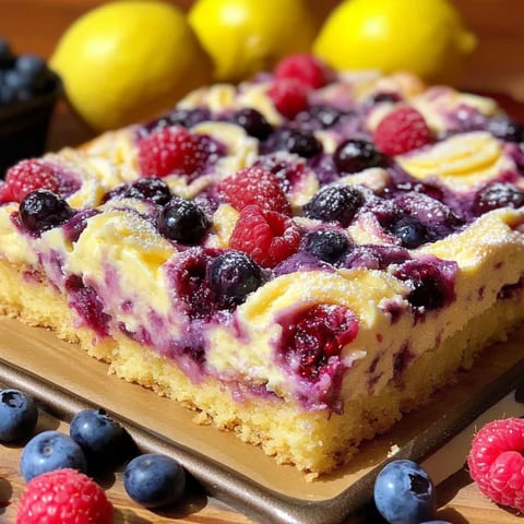 A slice of cake with blueberries and raspberries on top.