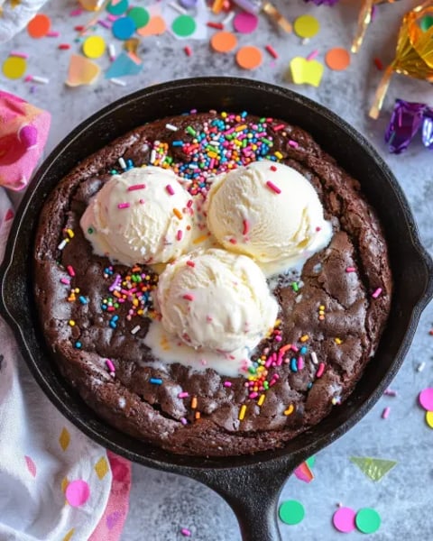 A chocolate chip cookie with three scoops of vanilla ice cream.