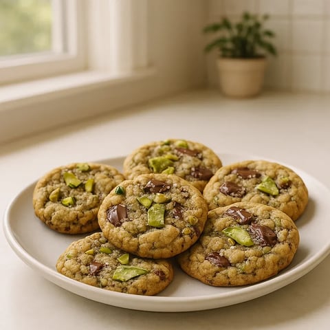 A plate of cookies with chocolate chips and green pesto.