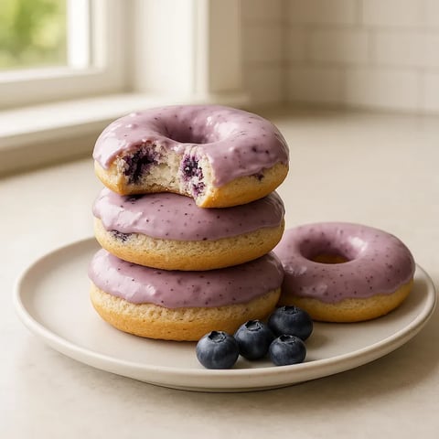 A stack of purple donuts with blueberries on top.