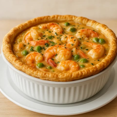 A white bowl with a shrimp and pea dish.