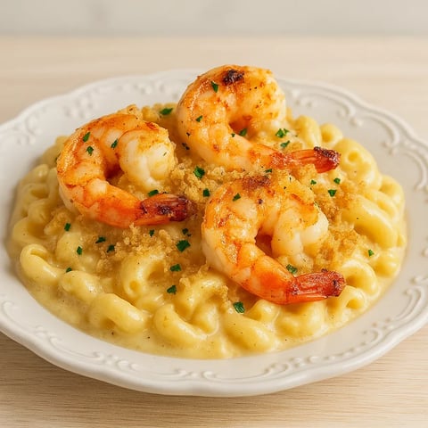 A plate of shrimp and pasta.