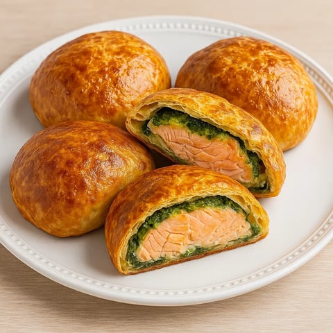 A plate of food with a pastry and a salmon roll.