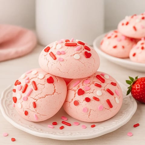 A plate of pink cookies with red hearts on them.