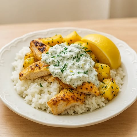 A plate of food with rice, chicken, and lemon.