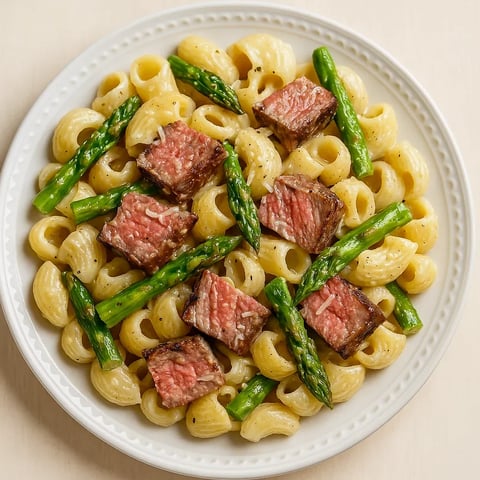 A plate of pasta with meat and asparagus.
