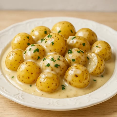 A plate of potatoes with green toppings.