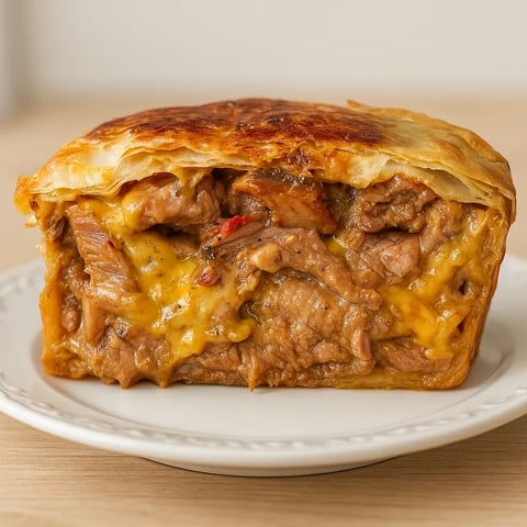A slice of meat pie on a white plate.