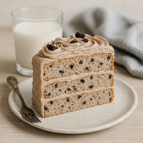 A slice of cake with chocolate chips on top.