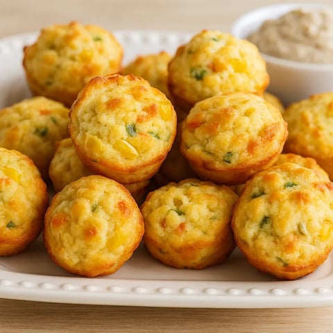 A plate of muffins with a bowl of dip.