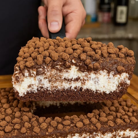 A slice of cake with chocolate frosting.