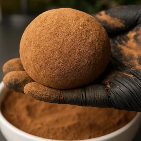 A hand holding a chocolate ball.