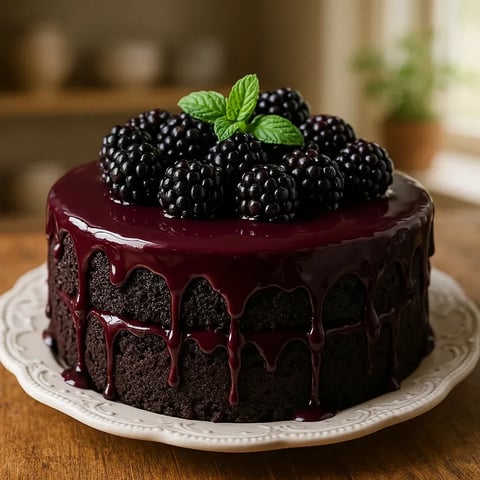 A chocolate cake with blackberries on top.