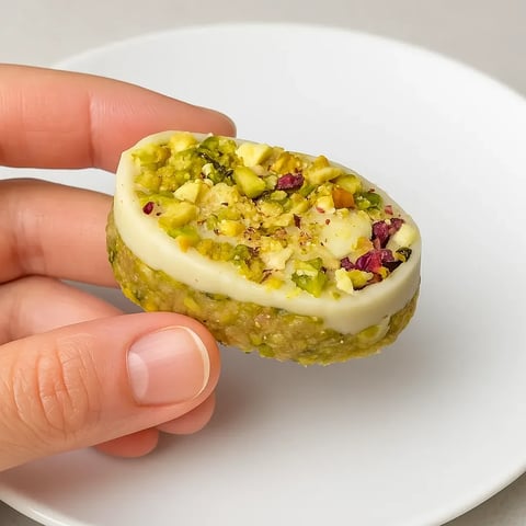 A hand holding a small piece of food.