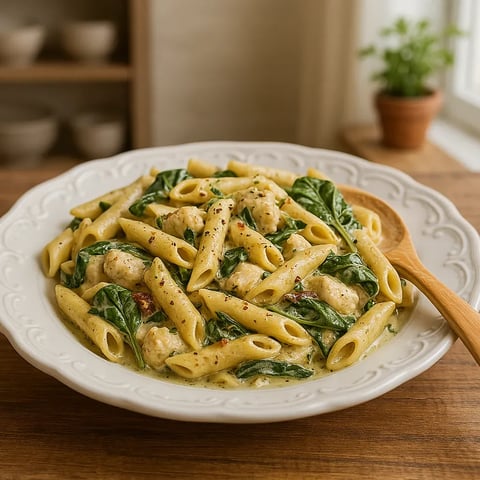 A plate of pasta with spinach and chicken.