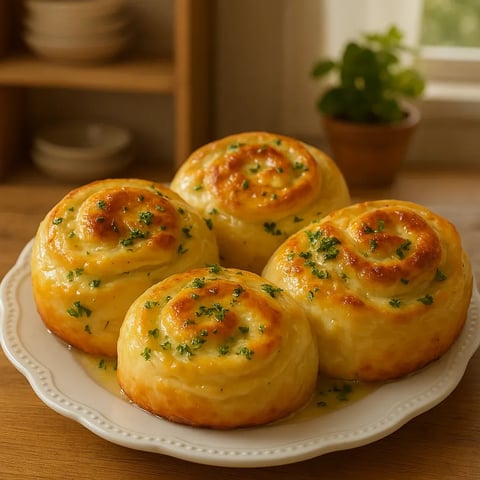 Three rolls of bread on a plate.