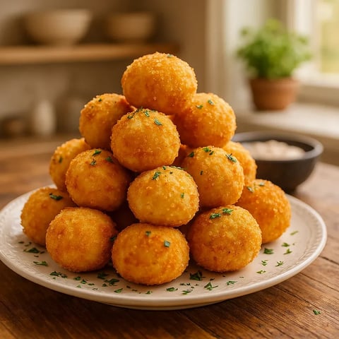 A stack of cheese balls on a plate.