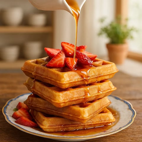 A stack of waffles with strawberries and syrup.