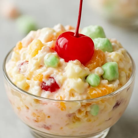 A bowl of fruit salad with a cherry on top.