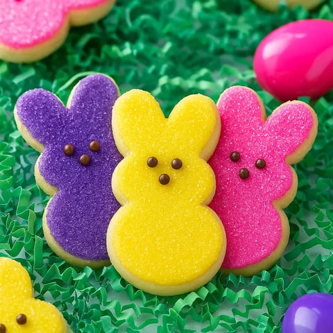 Three colorful cookies with eyes and noses.
