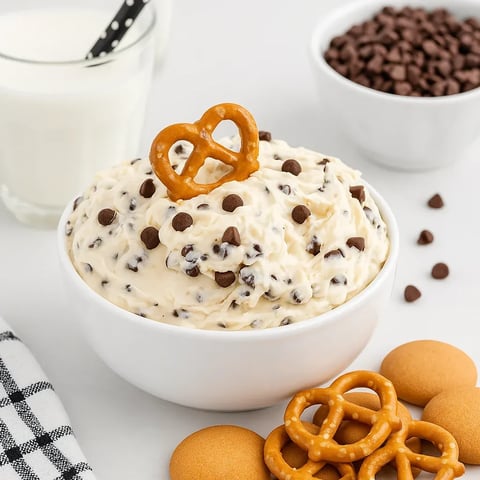 A bowl of chocolate chip ice cream with a pretzel on top.