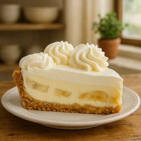 A slice of banana cream pie on a white plate.