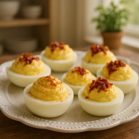A plate of eggs with bacon on top.