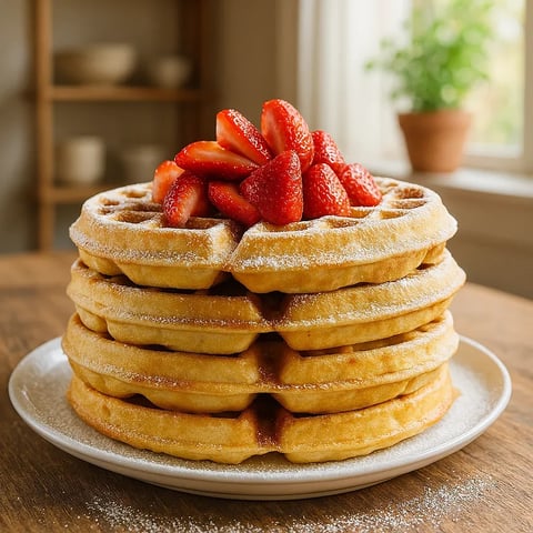 A stack of waffles with strawberries on top.