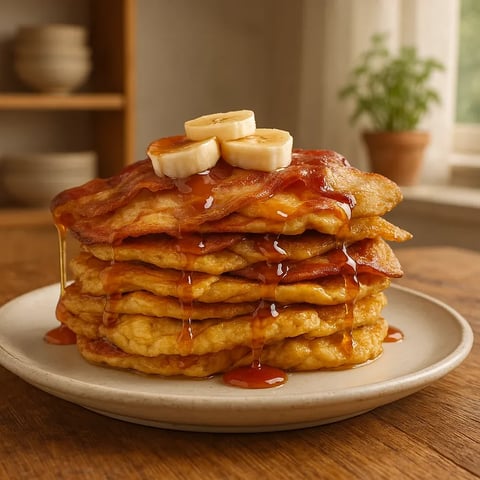 A stack of pancakes with bananas on top.