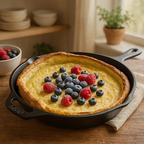 A blueberry and raspberry crepe in a cast iron skillet.
