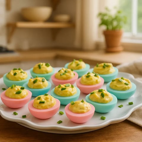 A plate of deviled eggs with green toppings.