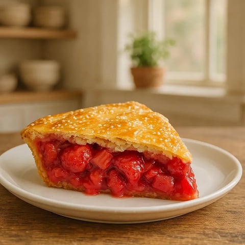 A slice of pie with strawberries on a white plate.