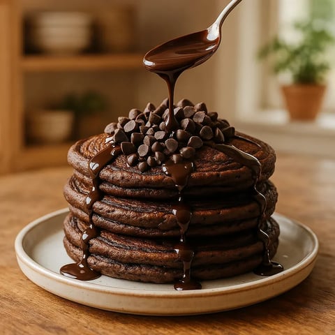 A stack of pancakes with chocolate syrup drizzled on top.