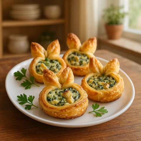 A plate of pastries with green toppings.