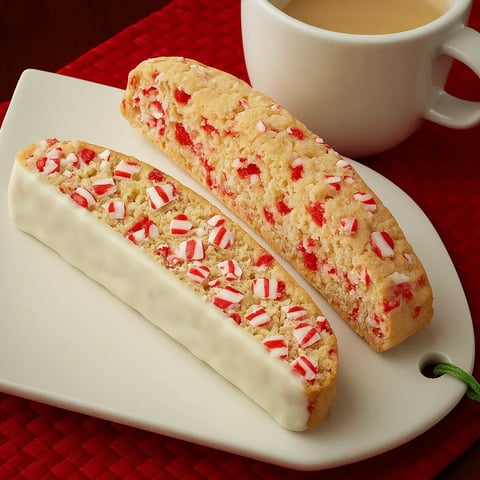 A white plate with a red and white striped cookie.