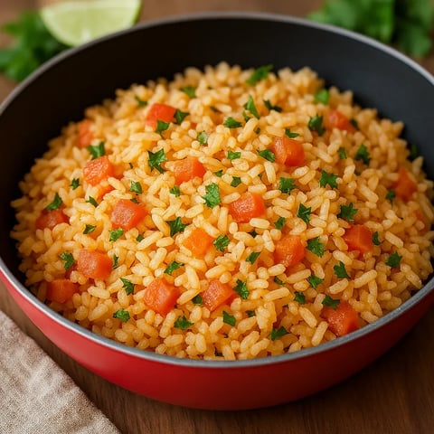 A bowl of rice with carrots and parsley.