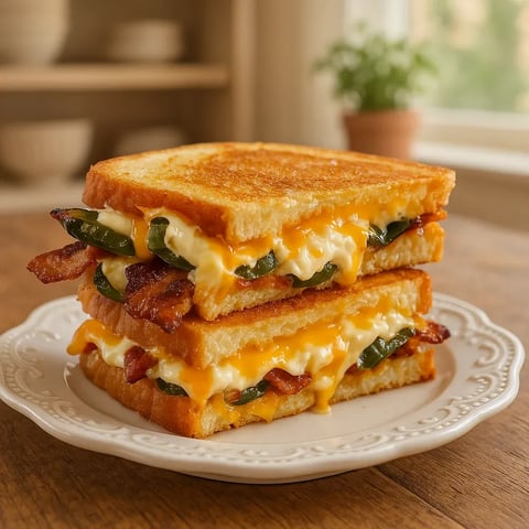 A sandwich with bacon and peppers on a white plate.