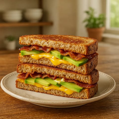 A sandwich with bacon and avocado on a plate.
