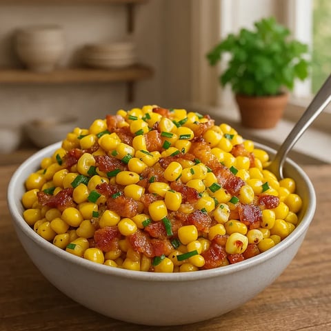 A bowl of corn with bacon and parsley.