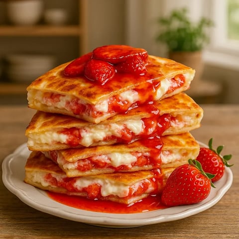 A stack of strawberry shortcake with strawberries on top.
