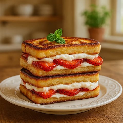 A stack of three sandwiches with strawberries and whipped cream.