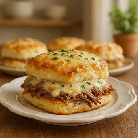 A plate with two biscuits and meat on top.