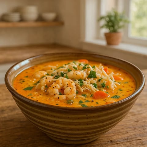 A bowl of soup with shrimp and carrots.