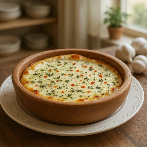 A bowl of food on a table.