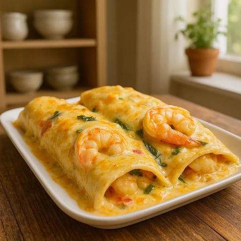 A white plate with two shrimp and cheese enchiladas.