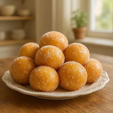 A plate of doughnuts on a table.