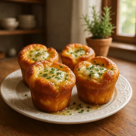 A plate of four muffins with green toppings.