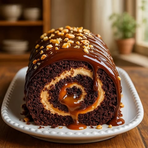 A chocolate cake with caramel drizzle.